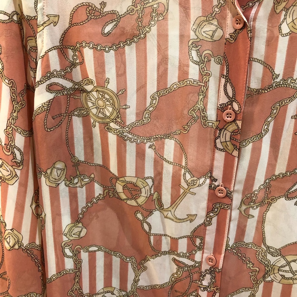 Forever 21 Striped Nautical Long Sleeve Collared Blouse Shirt Apricot Coral Top - Picture 4 of 4